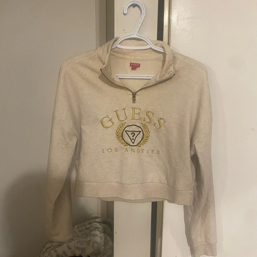 Guess Women's Beige Logo Cropped Hoodie